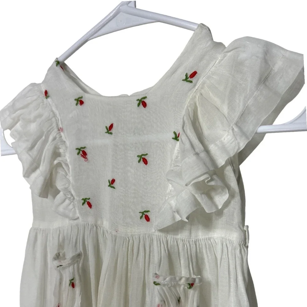 VTG Girls White Embroidered Floral Ruffle Flutter Sleeve Button Back Dress‎ 9mo
